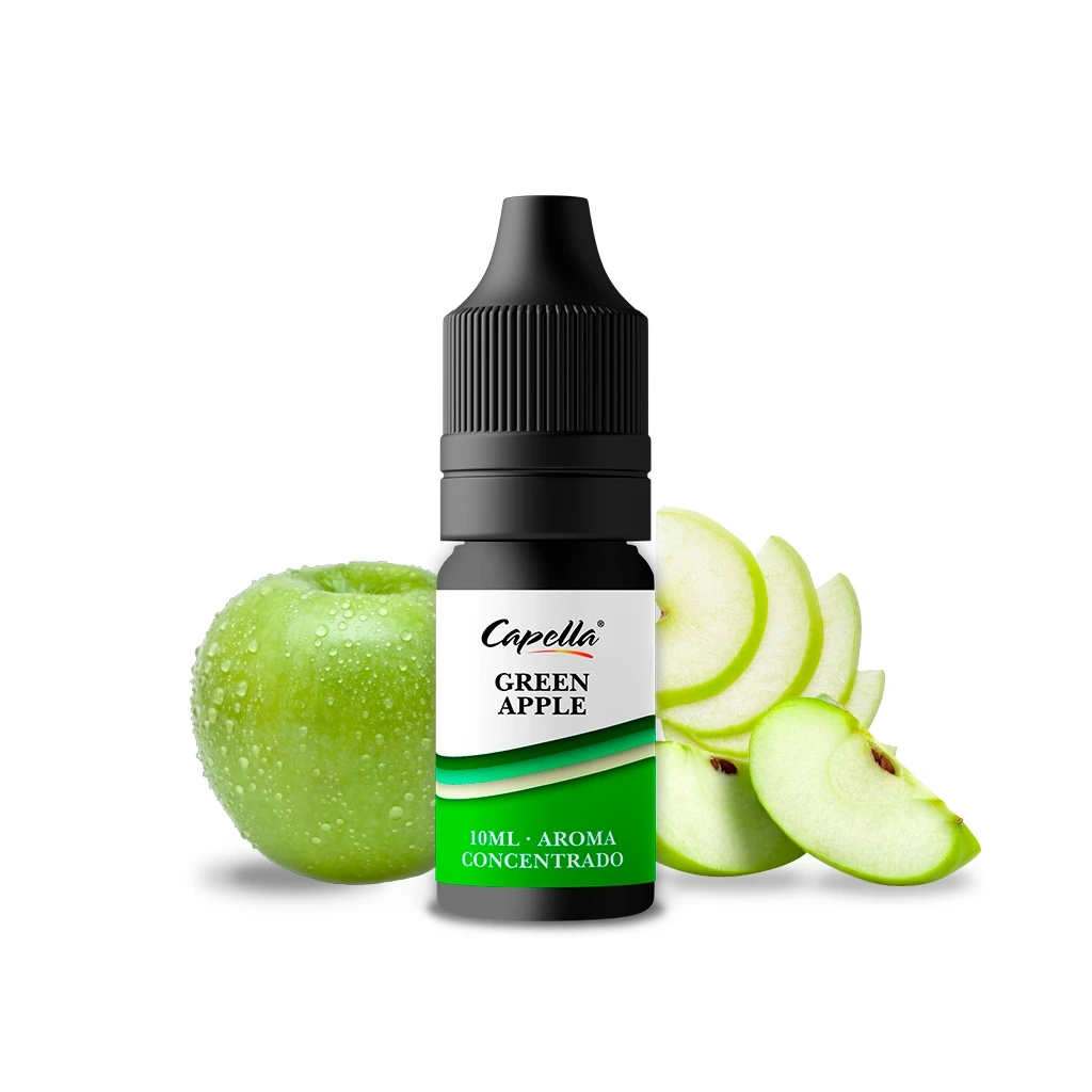 Frasco negro de Capella Green Apple con etiqueta de 10 ml, acompañado de una manzana verde y rodajas sobre fondo blanco.