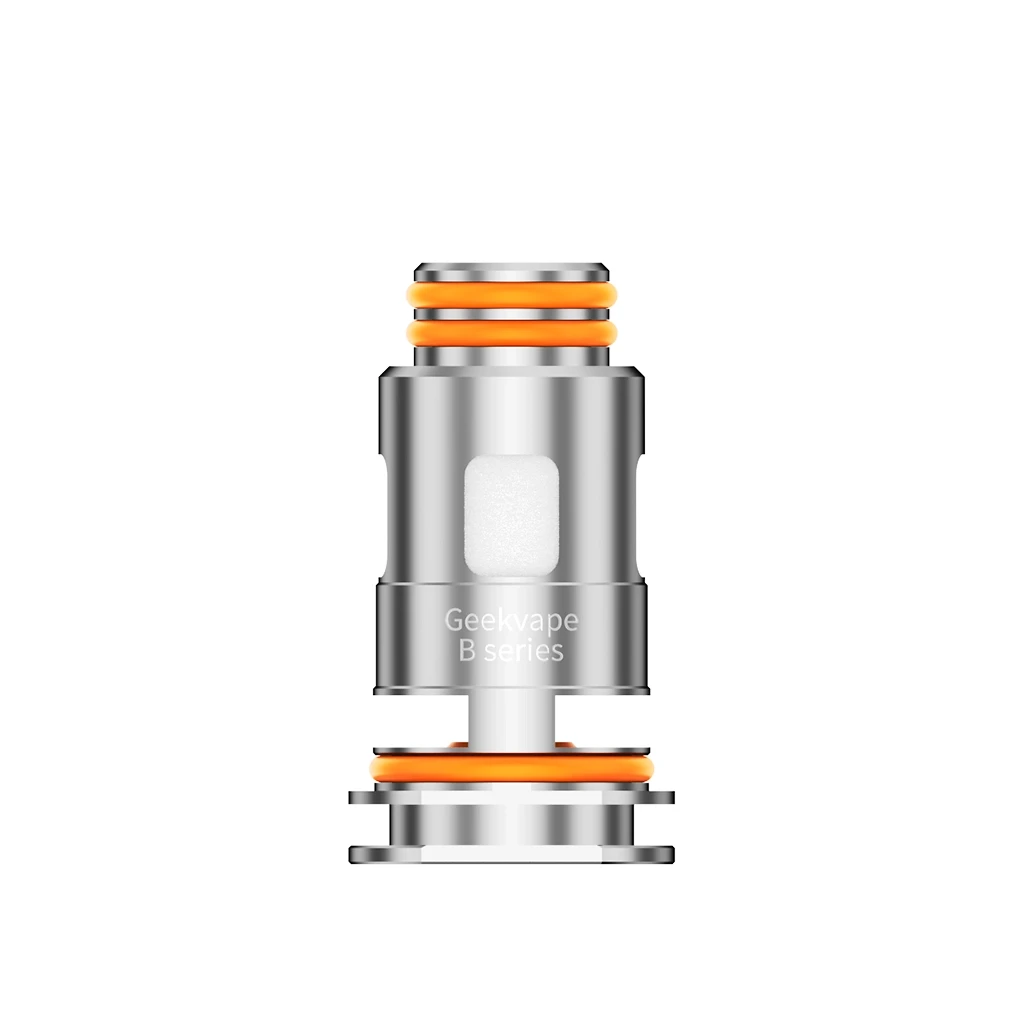 Resistencia Geekvape B Series plateada con juntas naranjas, abertura lateral blanca y nombre grabado, aislada sobre fondo blanco.