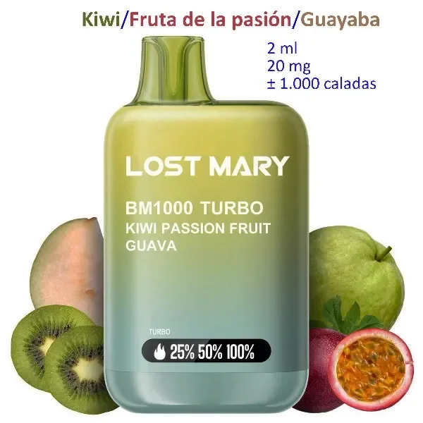 Lost Mary BM1000 Turbo verde degradado, con texto Kiwi Passion Fruit Guava, rodeado de kiwi, guayaba y fruta de la pasión.