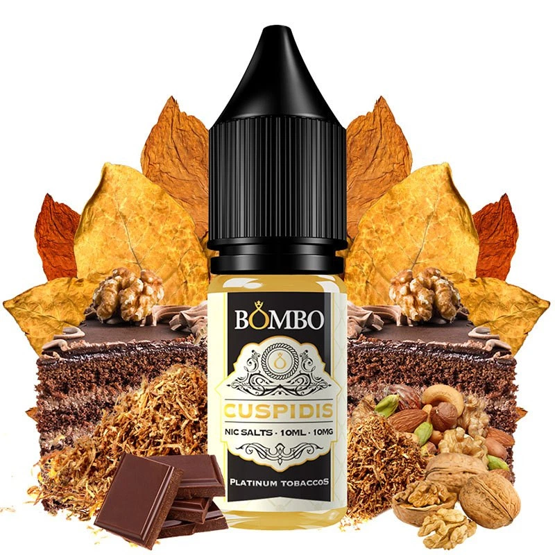 Frasco Bombo Cuspidis Platinum Tobaccos con tapón negro, rodeado de hojas de tabaco, chocolate, porciones de tarta y frutos secos.
