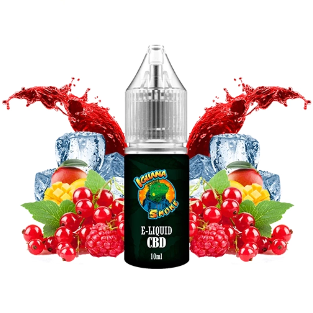 Frasco de e-líquido CBD Iguana Smoke de 10 ml con tapón transparente, rodeado de frutos rojos, mango, hielo y salpicaduras rojas.