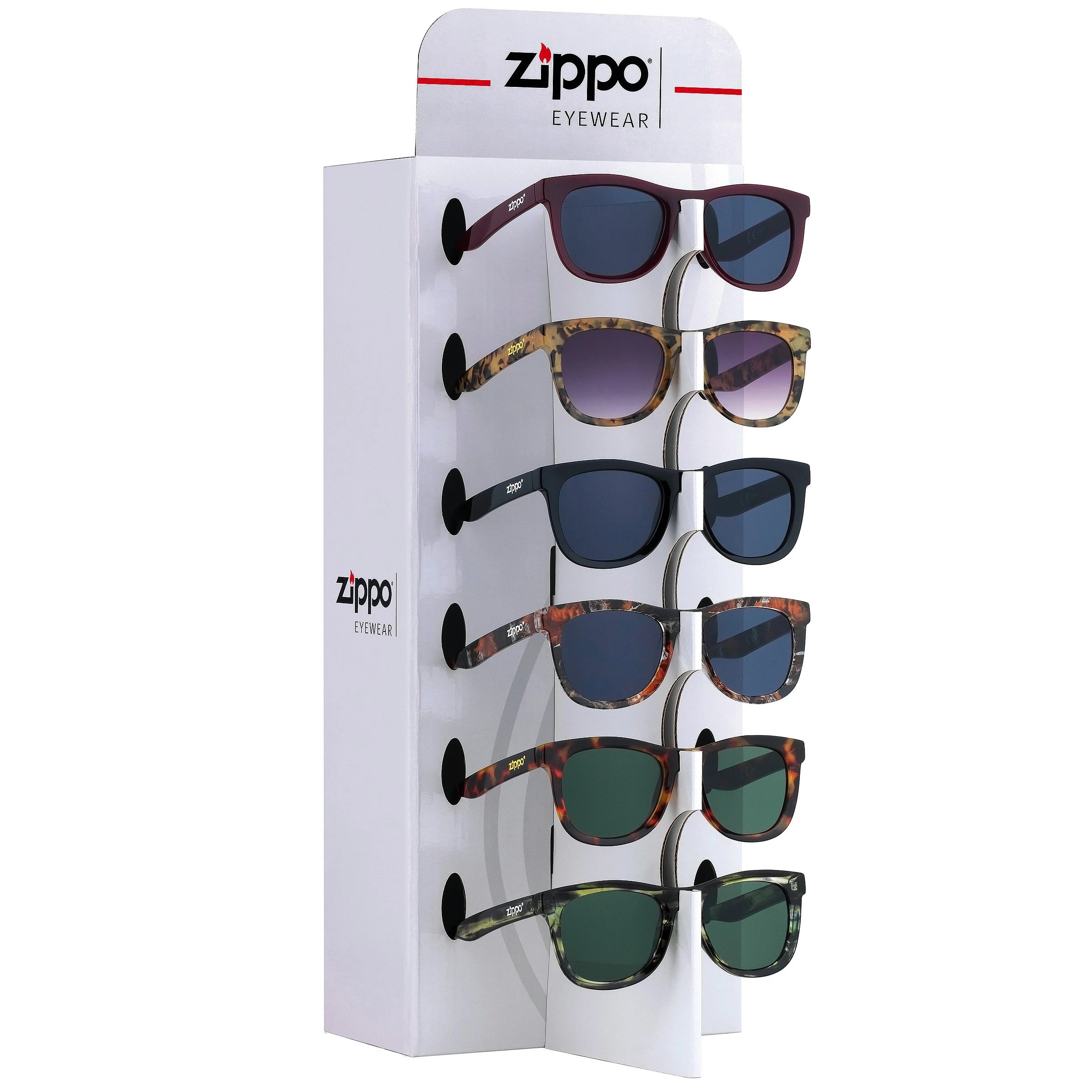 Expositor blanco Zippo Eyewear con gafas de sol de monturas lisas y estampadas, en distintos colores y con lentes oscuras.