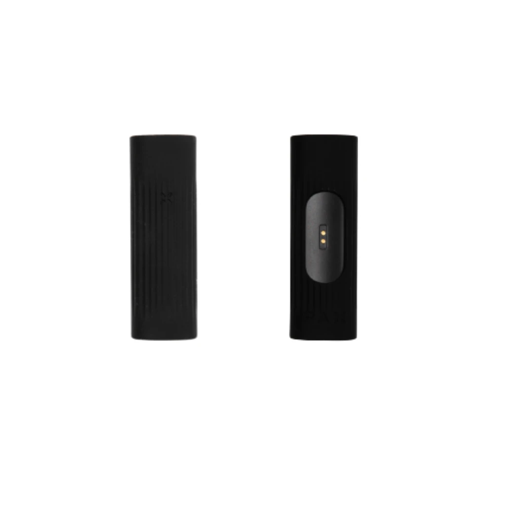 Funda negra para PAX mostrada por delante y por detrás, con estrías verticales y una abertura ovalada que deja ver pequeños indicadores.