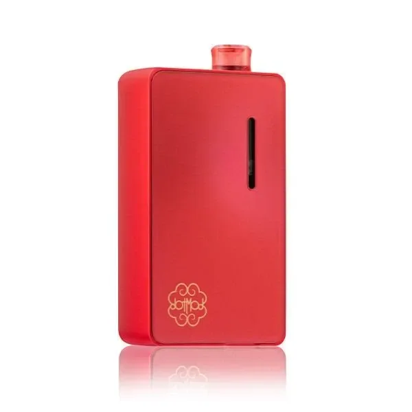 Dotmod DotAIO V2 rojo de cuerpo rectangular, con ventana vertical estrecha, boquilla superior y logotipo dorado en el frontal.