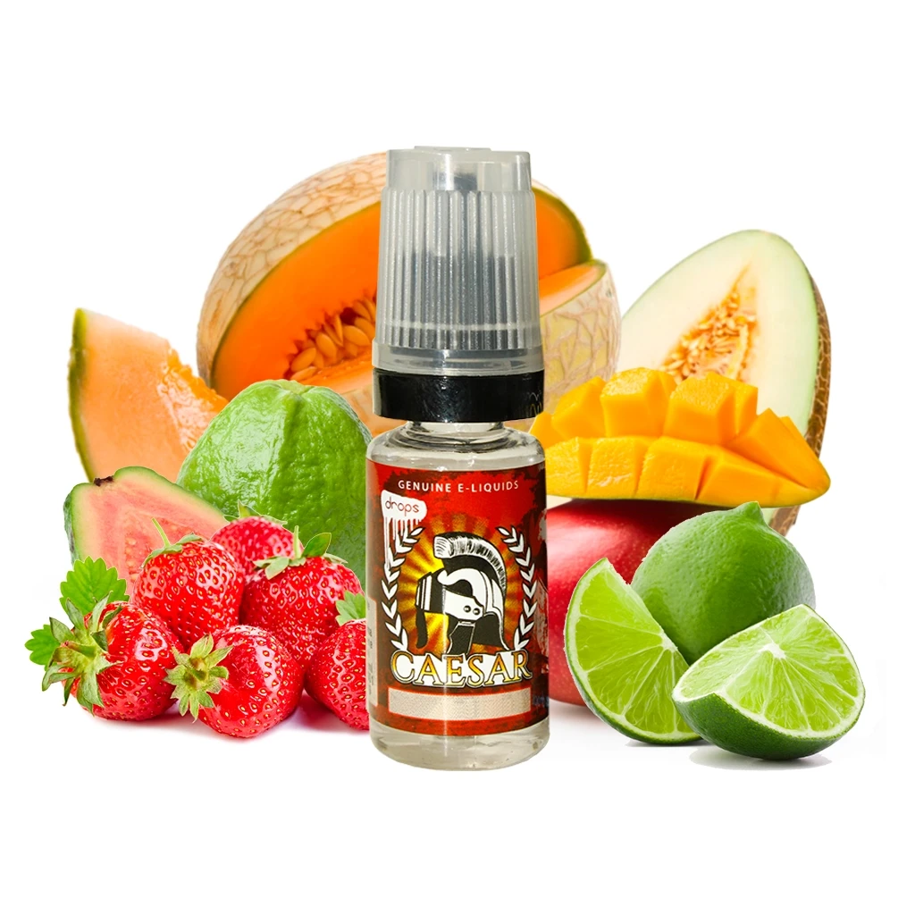 Frasco de Drops Conquerors Caesar con tapón translúcido y etiqueta de casco romano, rodeado de fresas, limas, mango, melón y guayaba.