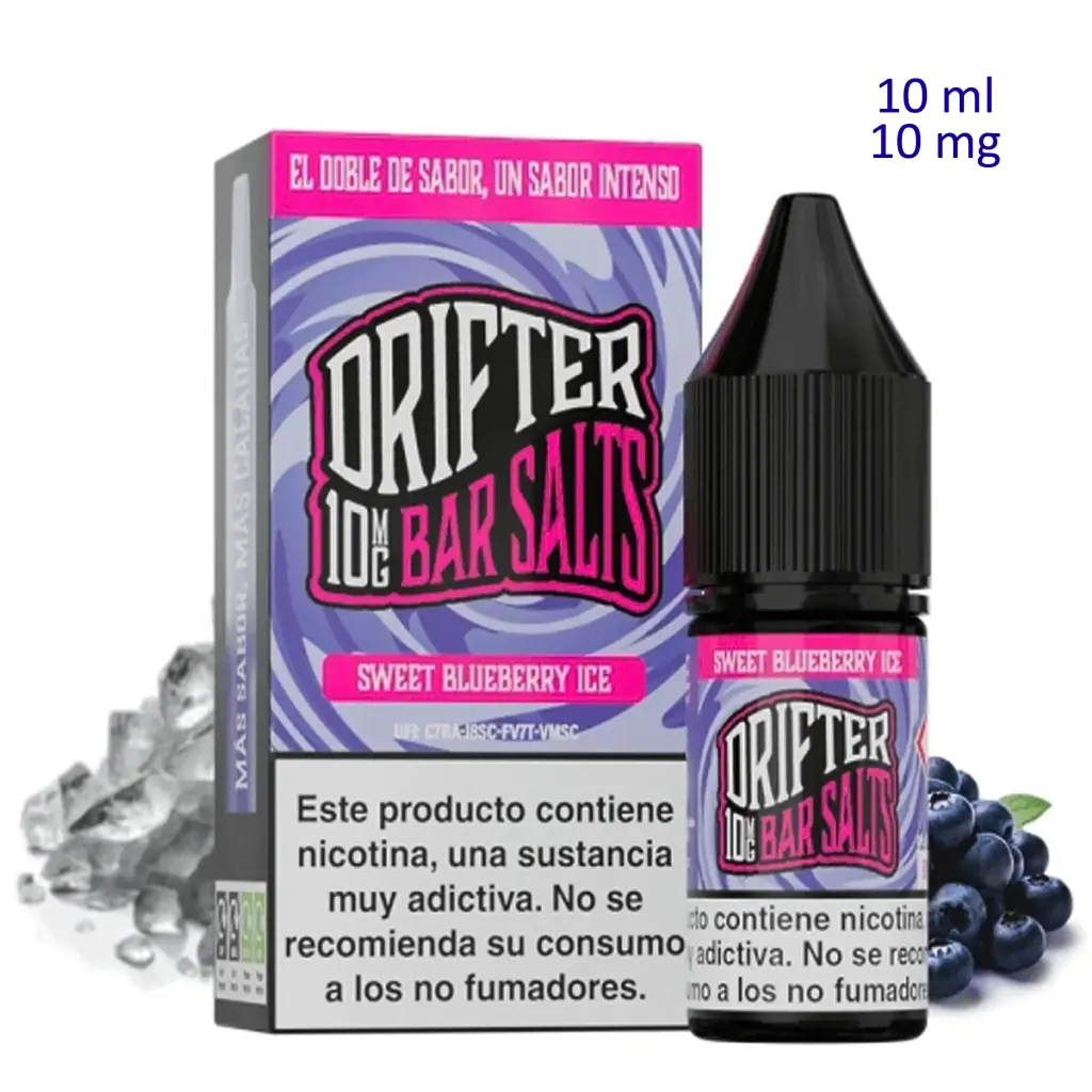 Frasco y caja de Drifter Bar Salts Sweet Blueberry Ice, con indicaciones de 10 ml y 10 mg, junto a arándanos y cubitos de hielo.