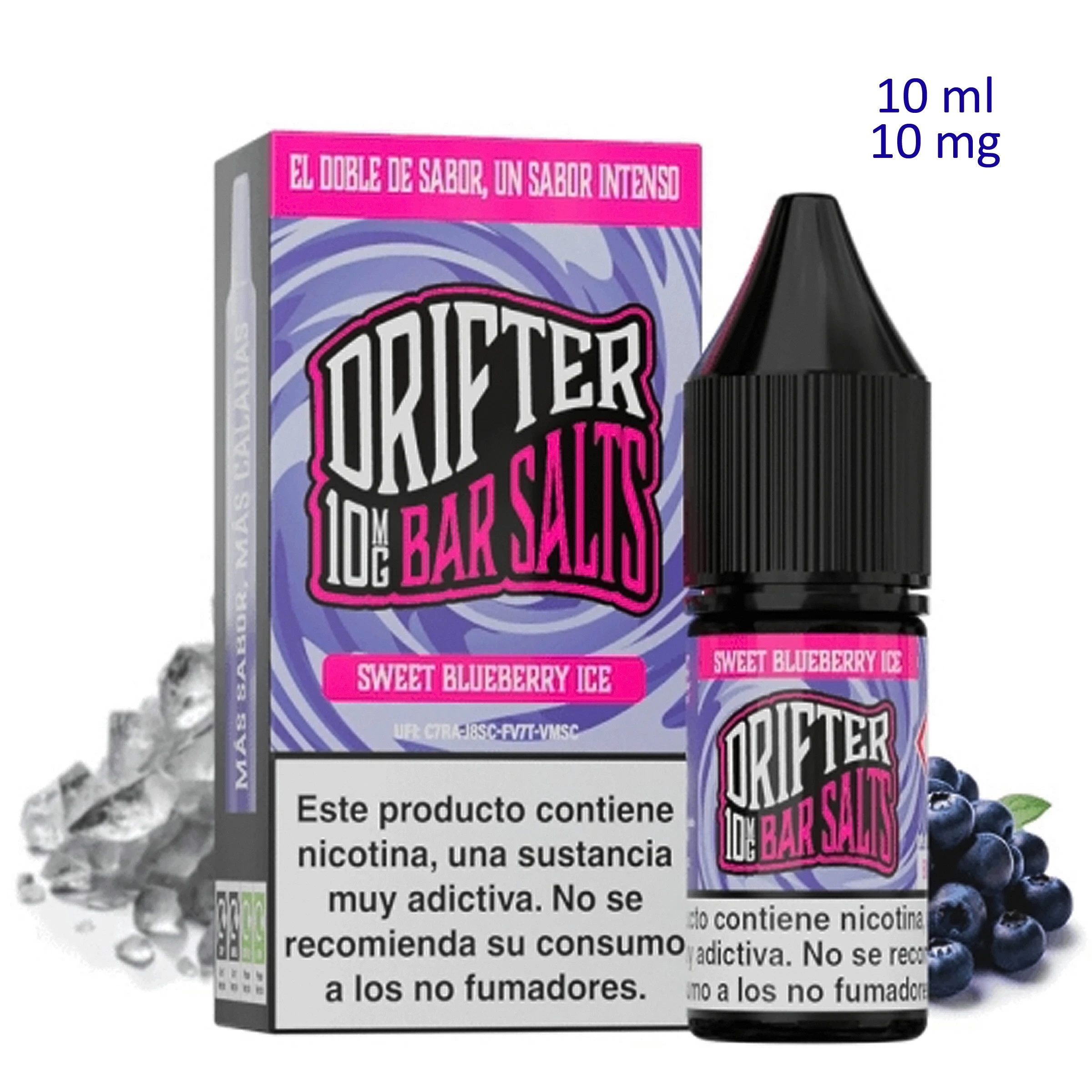 Frasco y caja de Drifter Bar Salts Sweet Blueberry Ice, con indicaciones de 10 ml y 10 mg, junto a arándanos y cubitos de hielo.