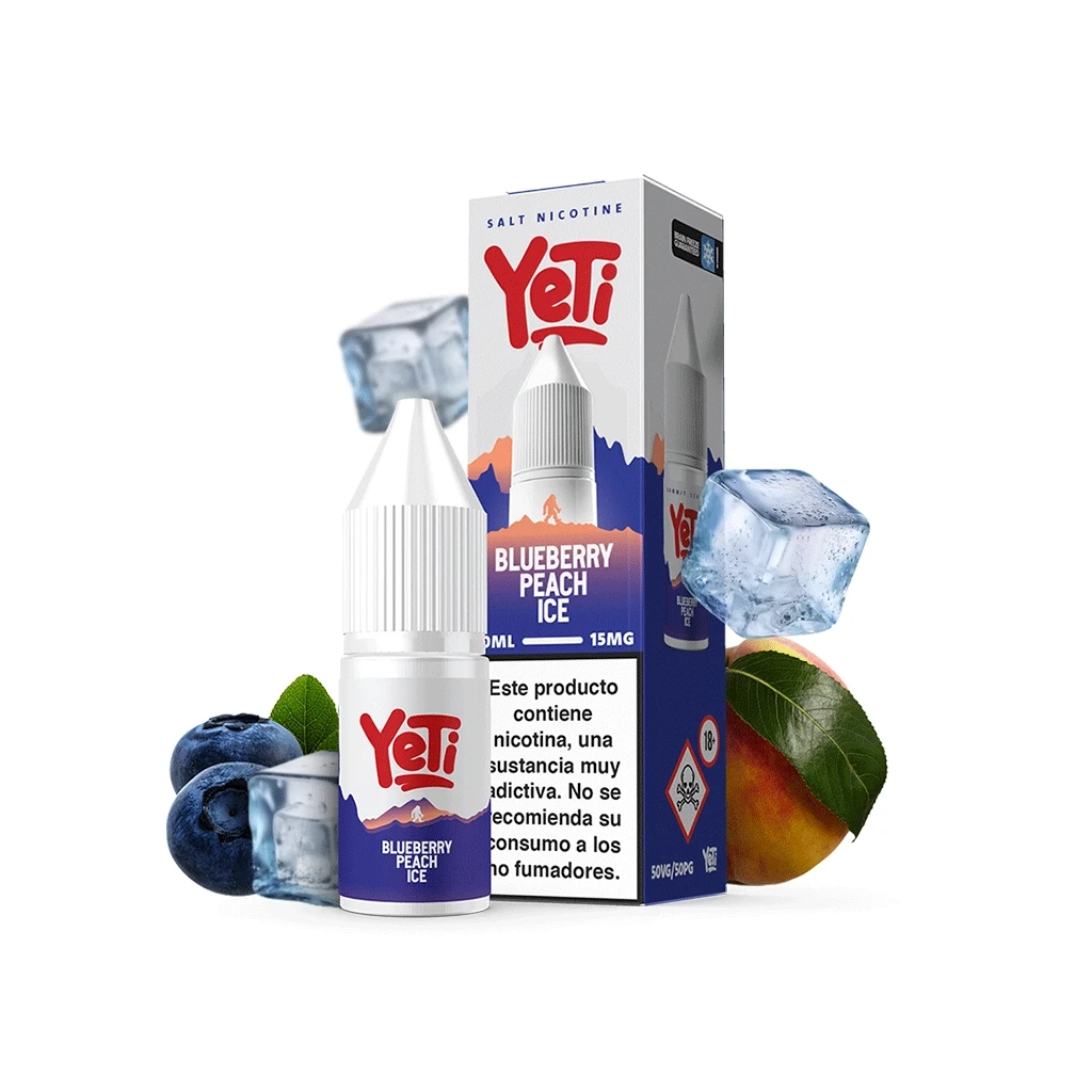 Frasco y caja Yeti Blueberry Peach Ice de sales de nicotina, con arándanos, melocotón y cubitos de hielo sobre fondo blanco.