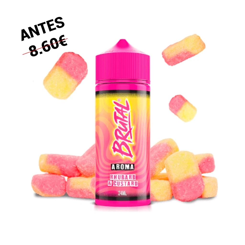 Bote de aroma Brutal Rhubarb & Custard de 24 ml con tapón rosa, rodeado de golosinas rosas y amarillas sobre fondo blanco.