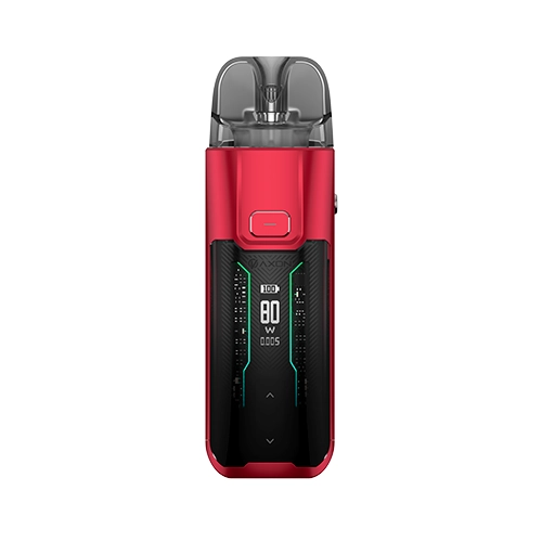 Vaporesso Luxe XR Max rojo y negro, visto de frente, con boquilla translúcida y pantalla que muestra 80 W sobre fondo blanco. Vaporesso Luxe XR Max rojo y negro, visto de frente, con boquilla translúcida y pantalla que muestra 80 W sobre fondo blanco.