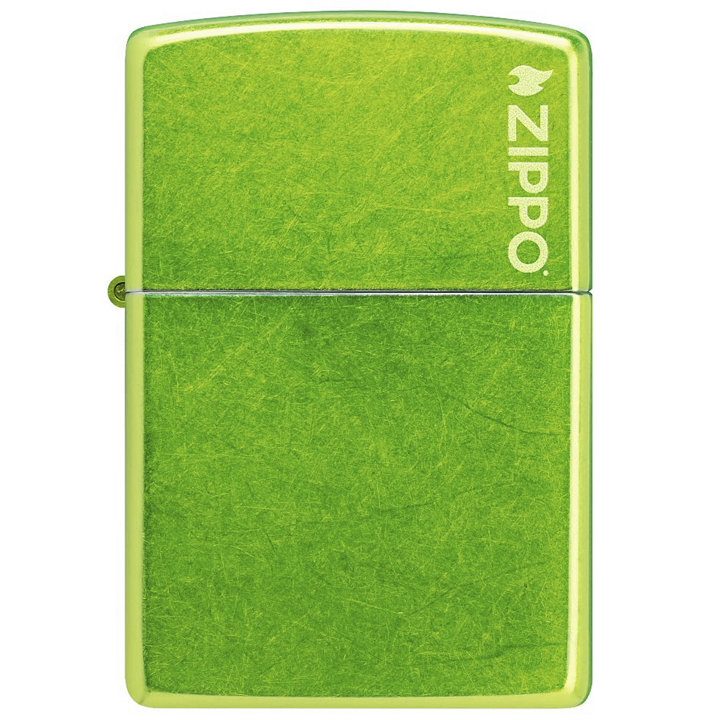 Encendedor Zippo 24513ZL Lurid cerrado, de color verde lima con acabado veteado y logotipo vertical en la tapa, sobre fondo blanco.