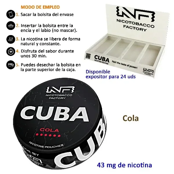 Envase negro de bolsas de nicotina CUBA Cola, con indicación de 43 mg, acompañado de un expositor e instrucciones de uso en español.