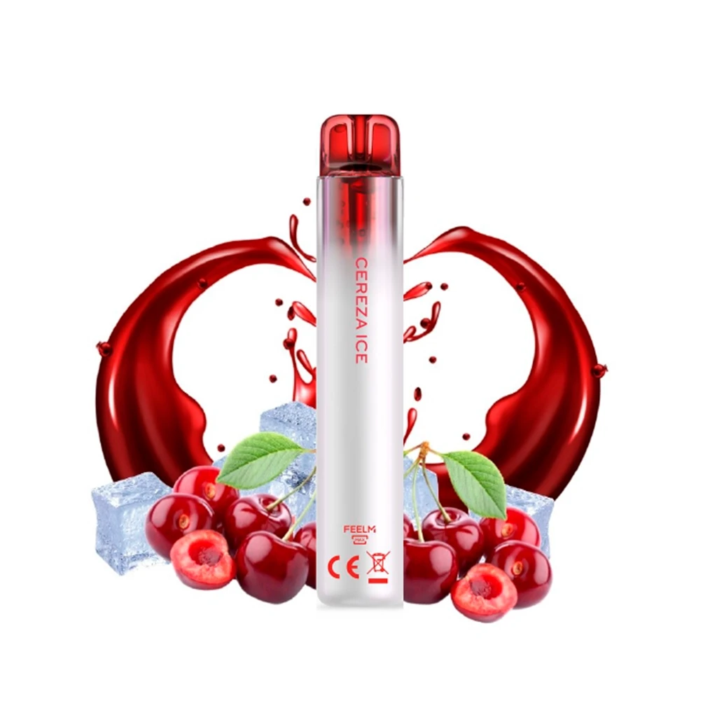 Vapeador blanco con boquilla roja e inscripción Cereza Ice, rodeado de cerezas, cubitos de hielo y salpicaduras rojas sobre fondo blanco. Vapeador blanco con boquilla roja e inscripción Cereza Ice, rodeado de cerezas, cubitos de hielo y salpicaduras rojas sobre fondo blanco.