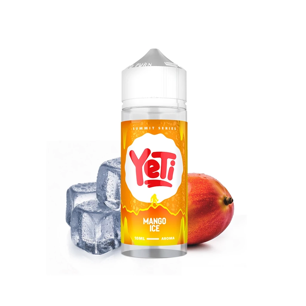 Frasco Yeti Summit Series Mango Ice de 10 ml, con tapón blanco y etiqueta naranja, acompañado de un mango y cubitos de hielo.