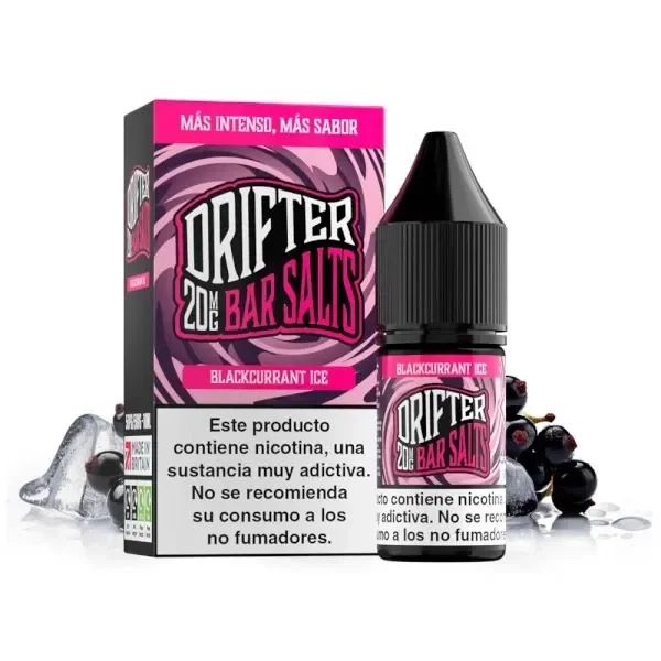Frasco y caja rosa y negra de Drifter Bar Salts Blackcurrant Ice, con advertencia de nicotina, grosellas negras y hielo alrededor.