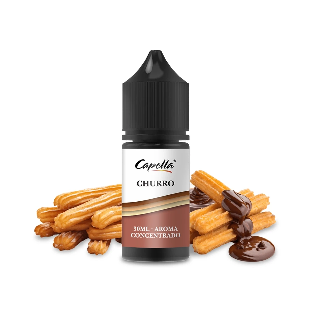 Frasco de aroma Churro de Capella con tapón negro y etiqueta de 30 ml, rodeado de churros y chocolate sobre fondo blanco.