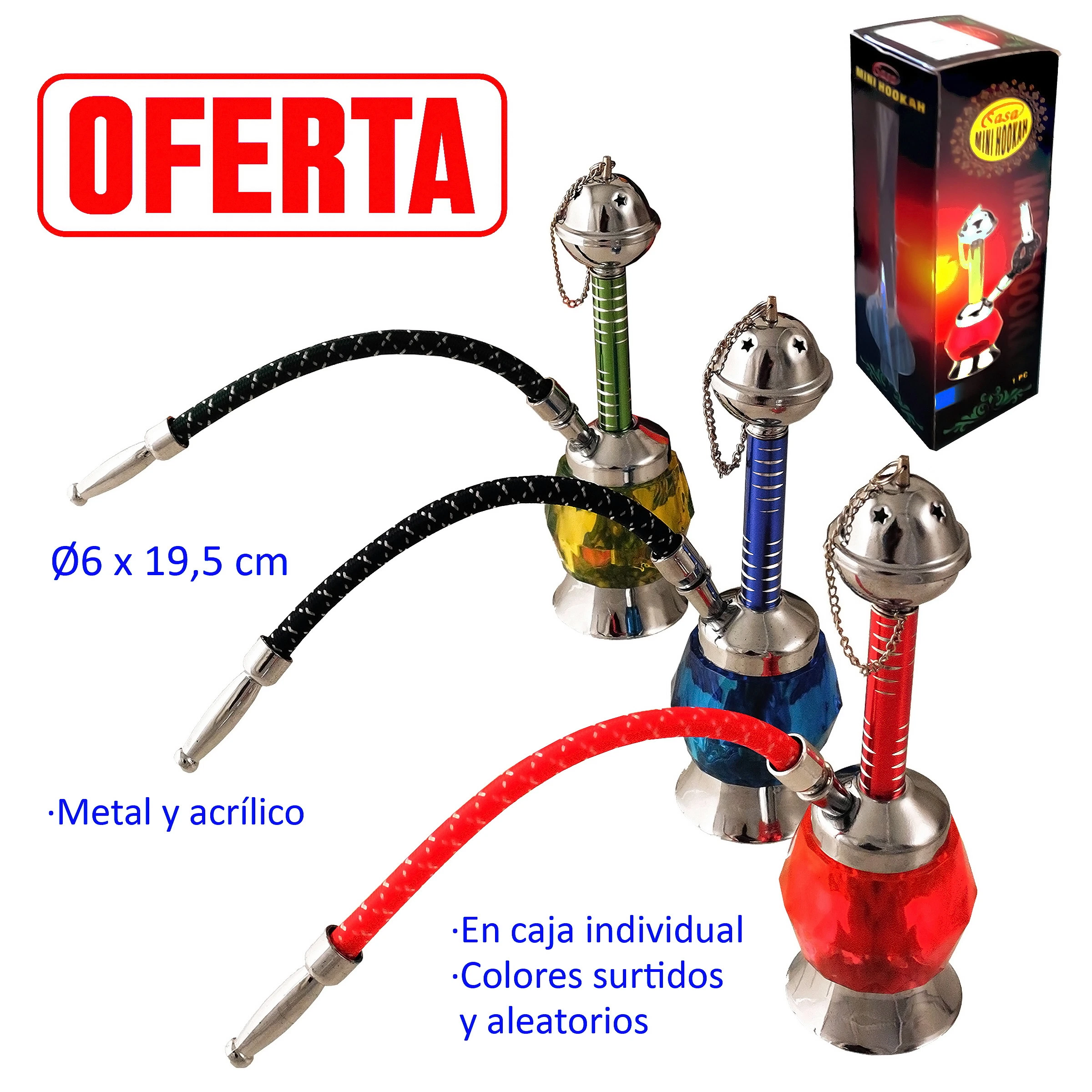 Selección de shishas de metal y acrílico con bases verdes, azules y rojas, mangueras flexibles y tapas plateadas con cadena.