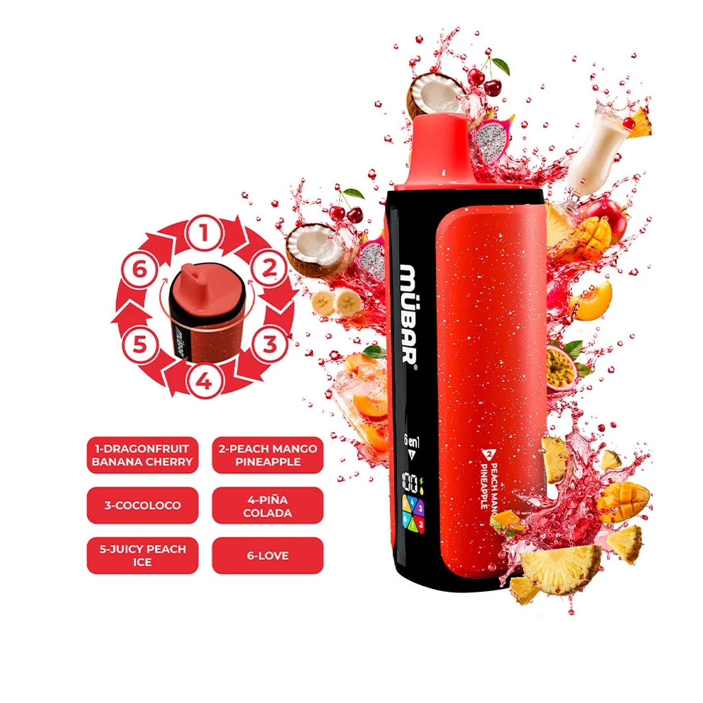 Dispositivo Mübar Tropical Vibes rojo y negro, rodeado de frutas y salpicaduras, con un esquema del selector de seis sabores.