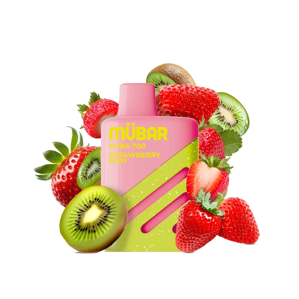 Vaper Mübar Kuba 700 Strawberry Kiwi rosa y verde, con franjas diagonales, rodeado de fresas y kiwis sobre fondo blanco.