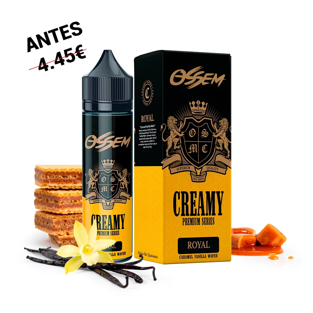 Bote y caja de Ossem Royal Caramel Vanilla Wafer, en negro y amarillo, junto a barquillos, vainilla y caramelo.