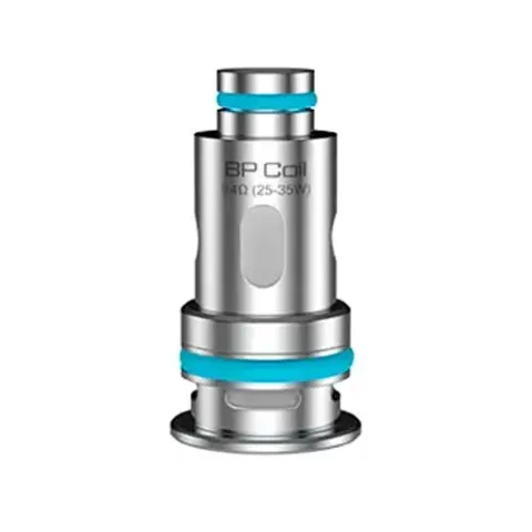 Resistencia Aspire BP Coil plateada con juntas turquesas, abertura lateral y marcado de 0,4 Ω y 25–35 W sobre fondo blanco.