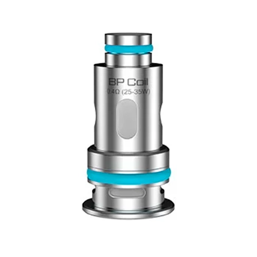 Resistencia Aspire BP Coil plateada con juntas turquesas, abertura lateral y marcado de 0,4 Ω y 25–35 W sobre fondo blanco.