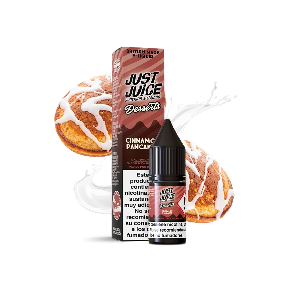 Frasco y caja de Just Juice Desserts Cinnamon Pancakes, con advertencias sobre nicotina, tortitas glaseadas y un líquido blanco alrededor.