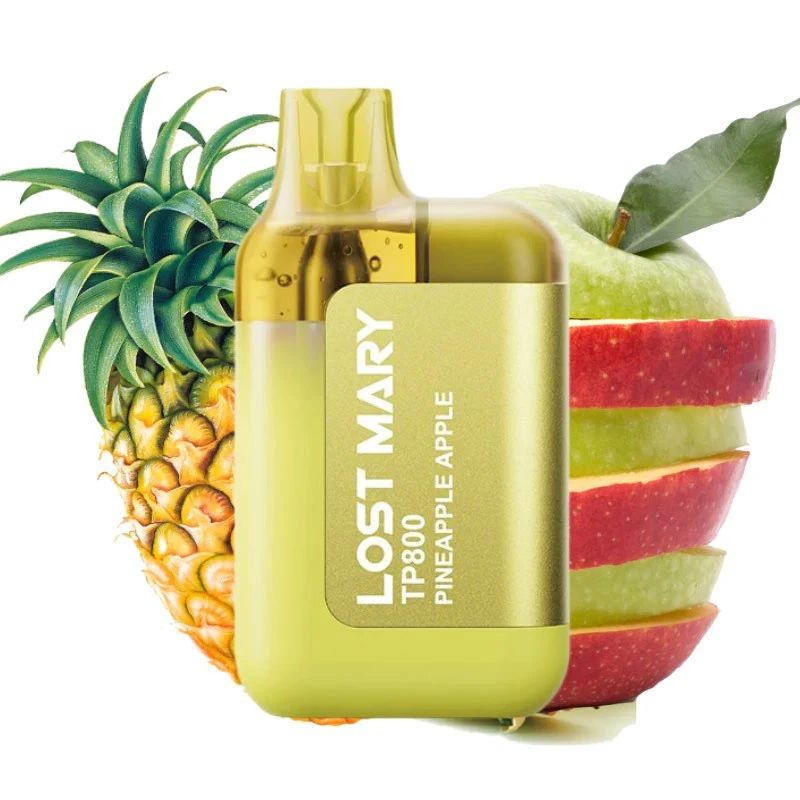 Vapeador Lost Mary TP800 Pineapple Apple verde amarillento, con boquilla translúcida, delante de una piña y rodajas de manzana.