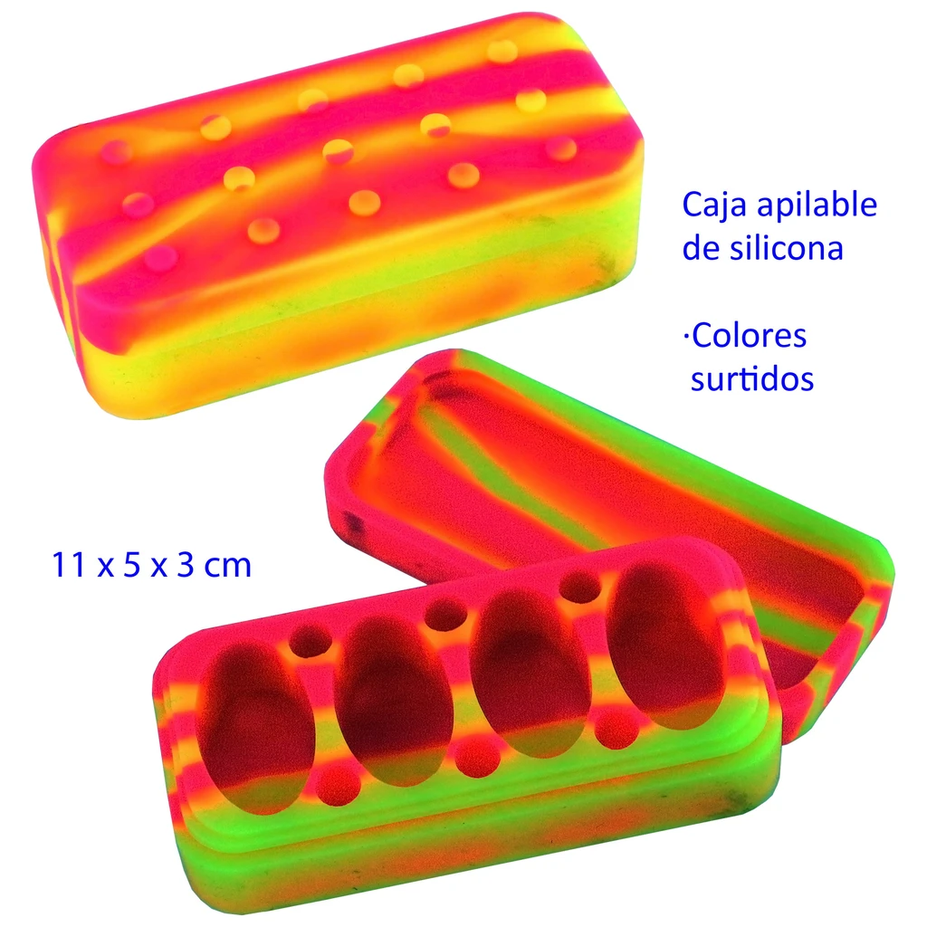 Caja rectangular de silicona multicolor, mostrada cerrada y abierta, con cavidades ovaladas y pequeños orificios en el interior.