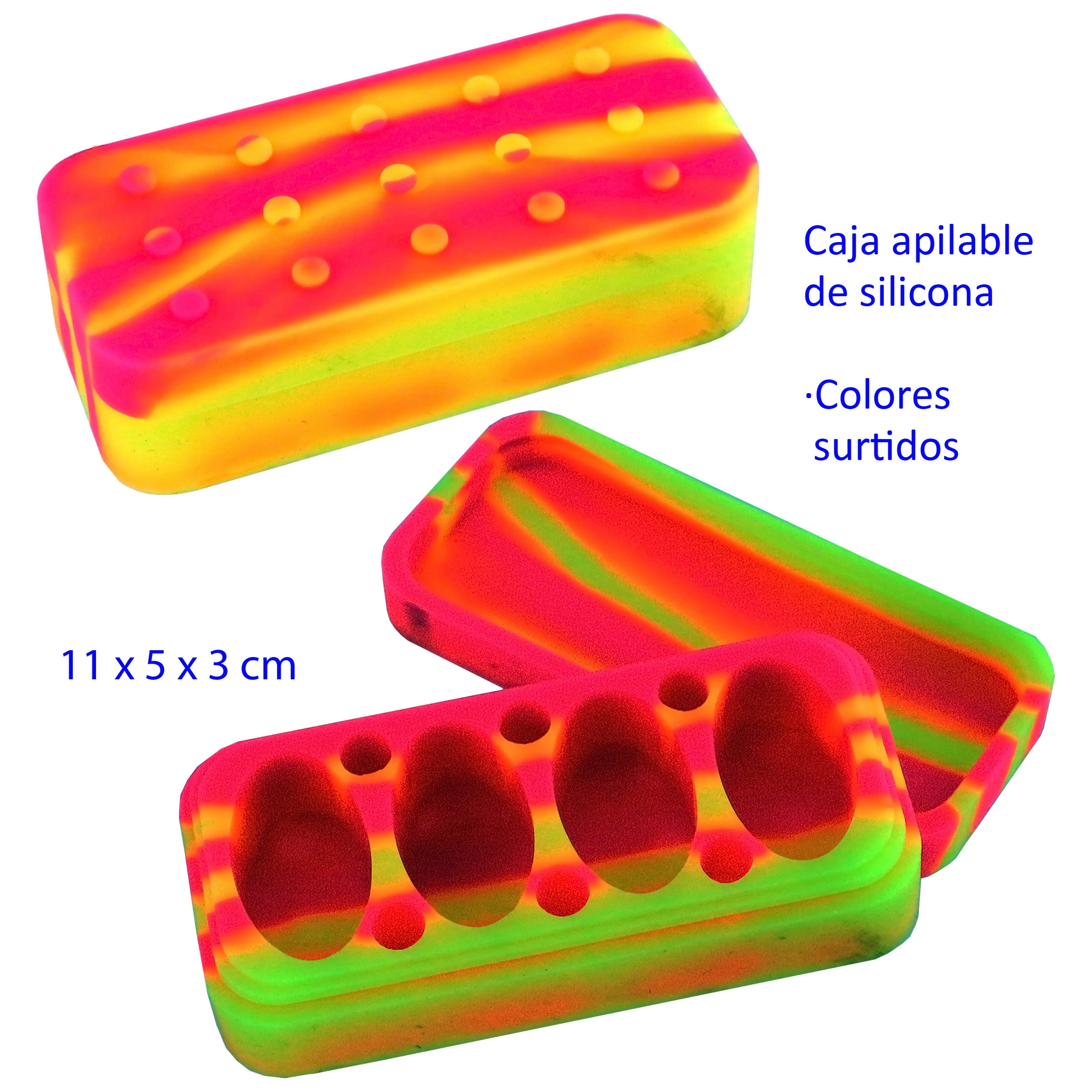 Caja rectangular de silicona multicolor, mostrada cerrada y abierta, con cavidades ovaladas y pequeños orificios en el interior.