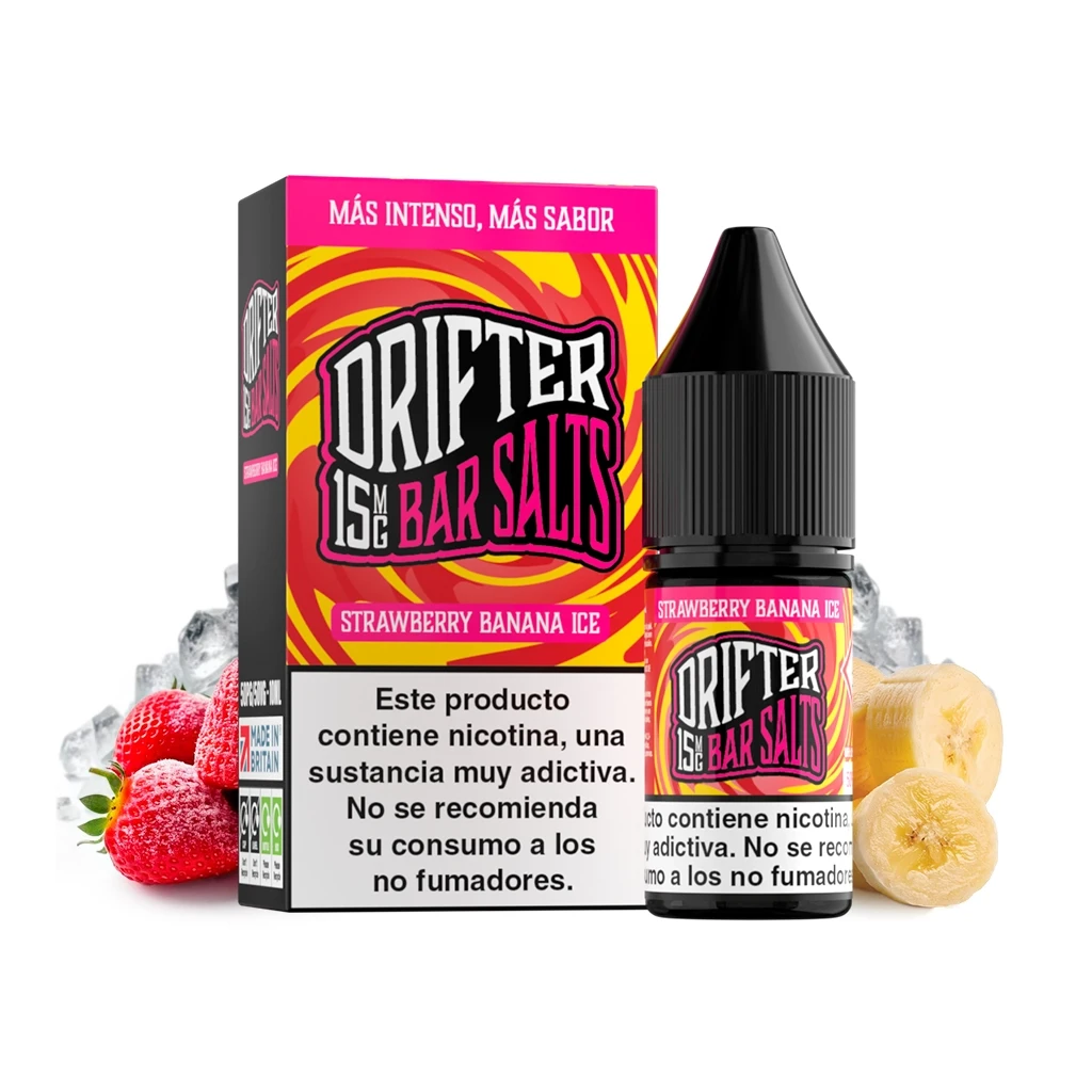 Frasco y caja de Drifter Bar Salts Strawberry Banana Ice, con diseño rosa y amarillo, fresas, plátano y hielo alrededor.