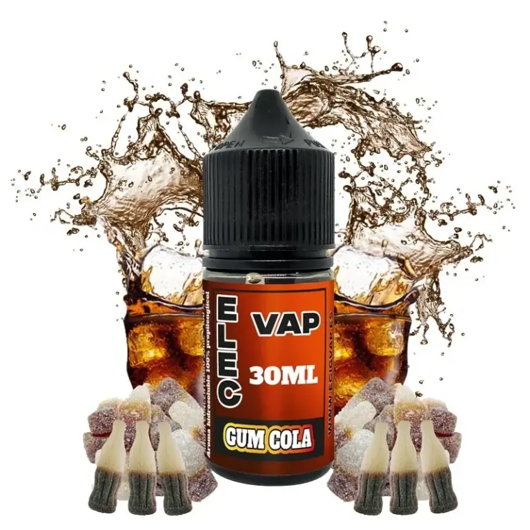 Frasco de aroma Elecvap Gum Cola con tapón negro y etiqueta de 30 ml, rodeado de golosinas de cola y un montaje de bebida con hielo.