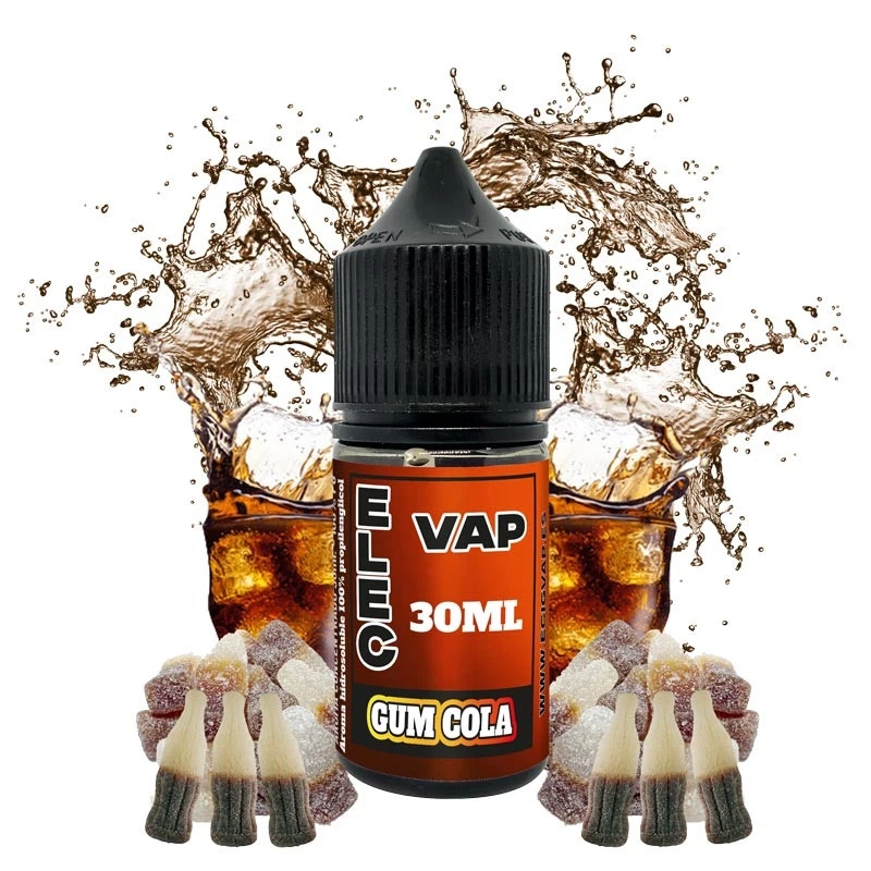 Frasco de aroma Elecvap Gum Cola con tapón negro y etiqueta de 30 ml, rodeado de golosinas de cola y un montaje de bebida con hielo.