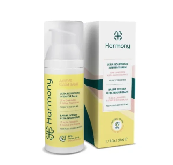 Active Calm Balm de Harmony en envase con dosificador y tapa translúcida, junto a su caja blanca con detalles amarillos y verdes.