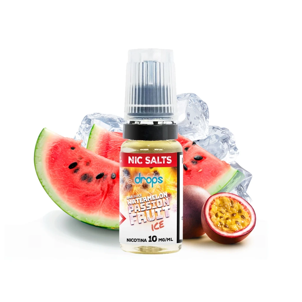 Frasco Drops Watermelon Passion Fruit Ice con etiqueta de nicotina 10 mg/ml, rodeado de sandía, maracuyá y cubitos de hielo.