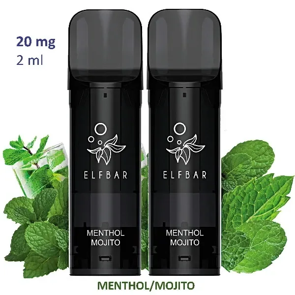 Pods negros Elfbar Menthol Mojito junto a hojas de menta y un vaso con hielo; aparecen las indicaciones 20 mg y 2 ml.