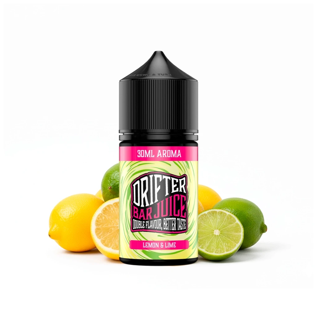 Frasco Drifter Bar Juice Lemon & Lime con tapón negro y etiqueta verde y rosa de 30 ml, rodeado de limones y limas enteros y cortados.