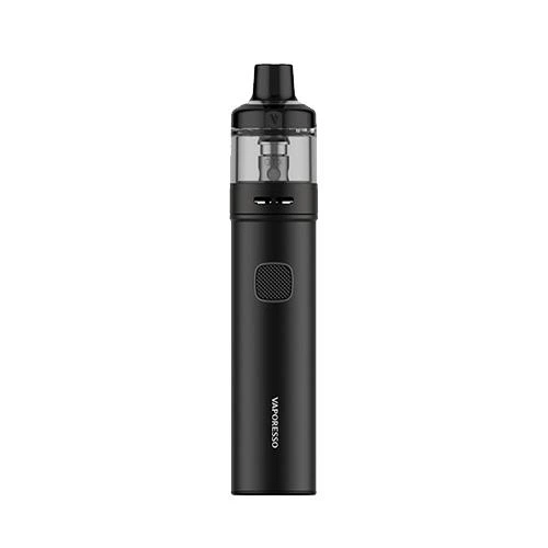 Vaporesso GTX GO80 negro en posición vertical sobre fondo blanco, con depósito transparente, boquilla negra y botón frontal texturizado.