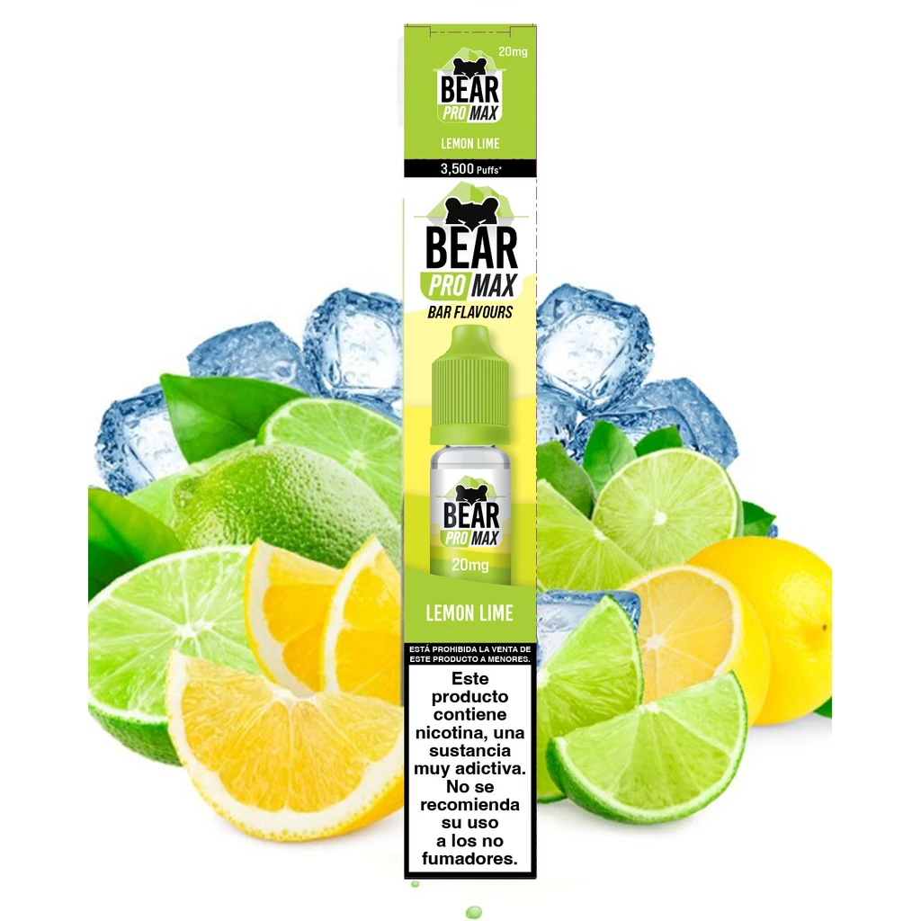 Caja verde de Bear Pro Max Lemon Lime 20 mg con ilustración del frasco y advertencia de nicotina, entre limones, limas y hielo.