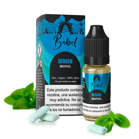 Frasco y caja de Babel Bergen Menthol con etiquetas azules y negras, acompañados de hojas verdes y piezas de chicle claras.