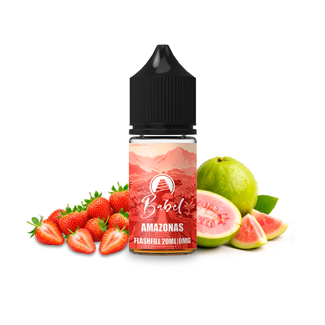 Frasco de e-líquido Babel Amazonas Flashfill con tapón negro y etiqueta rojiza, rodeado de fresas y guayabas enteras y cortadas.