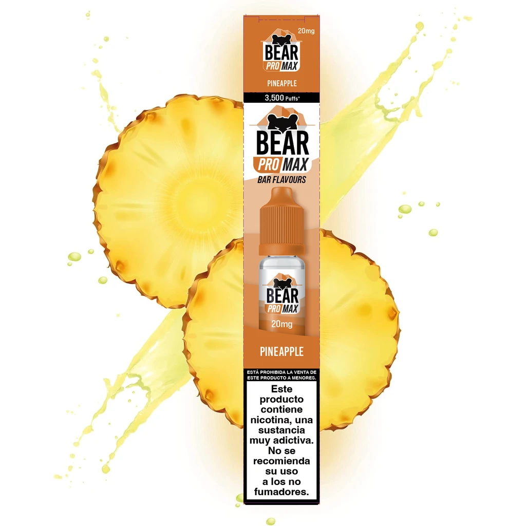 Caja naranja Bear Pro Max Pineapple de 20 mg, con un frasco ilustrado y advertencia sobre nicotina, ante rodajas de piña y salpicaduras.