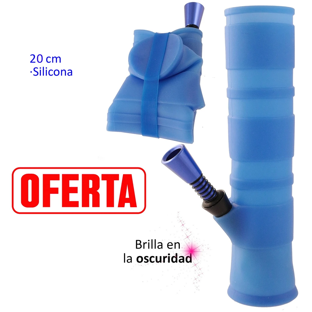Bong azul mostrado extendido y plegado, con cuerpo de bandas horizontales y cazoleta lateral de tono violeta.