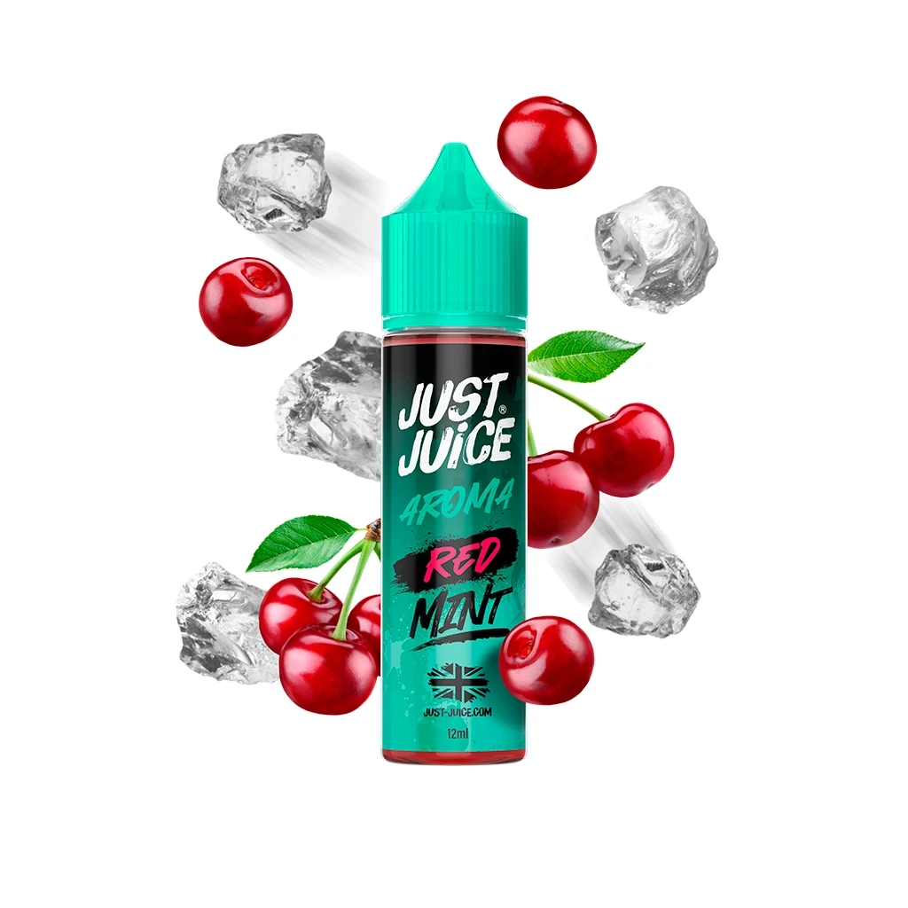 Frasco de Just Juice Red Mint de 12 ml con tapón turquesa, rodeado de cerezas, hojas verdes y cubitos de hielo sobre fondo blanco.