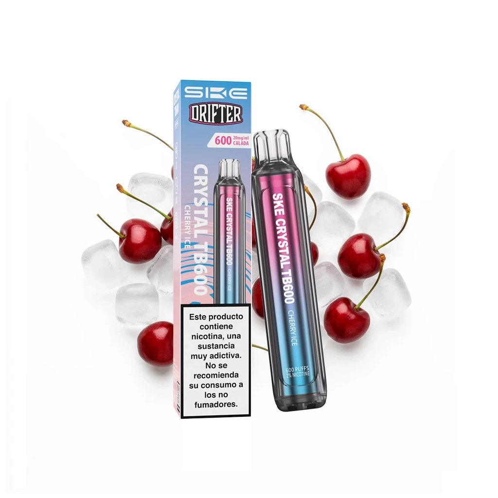 Vaper SKE Crystal TB600 Cherry Ice junto a su caja, con cuerpo rosa y azul, boquilla transparente, cerezas y cubitos de hielo.