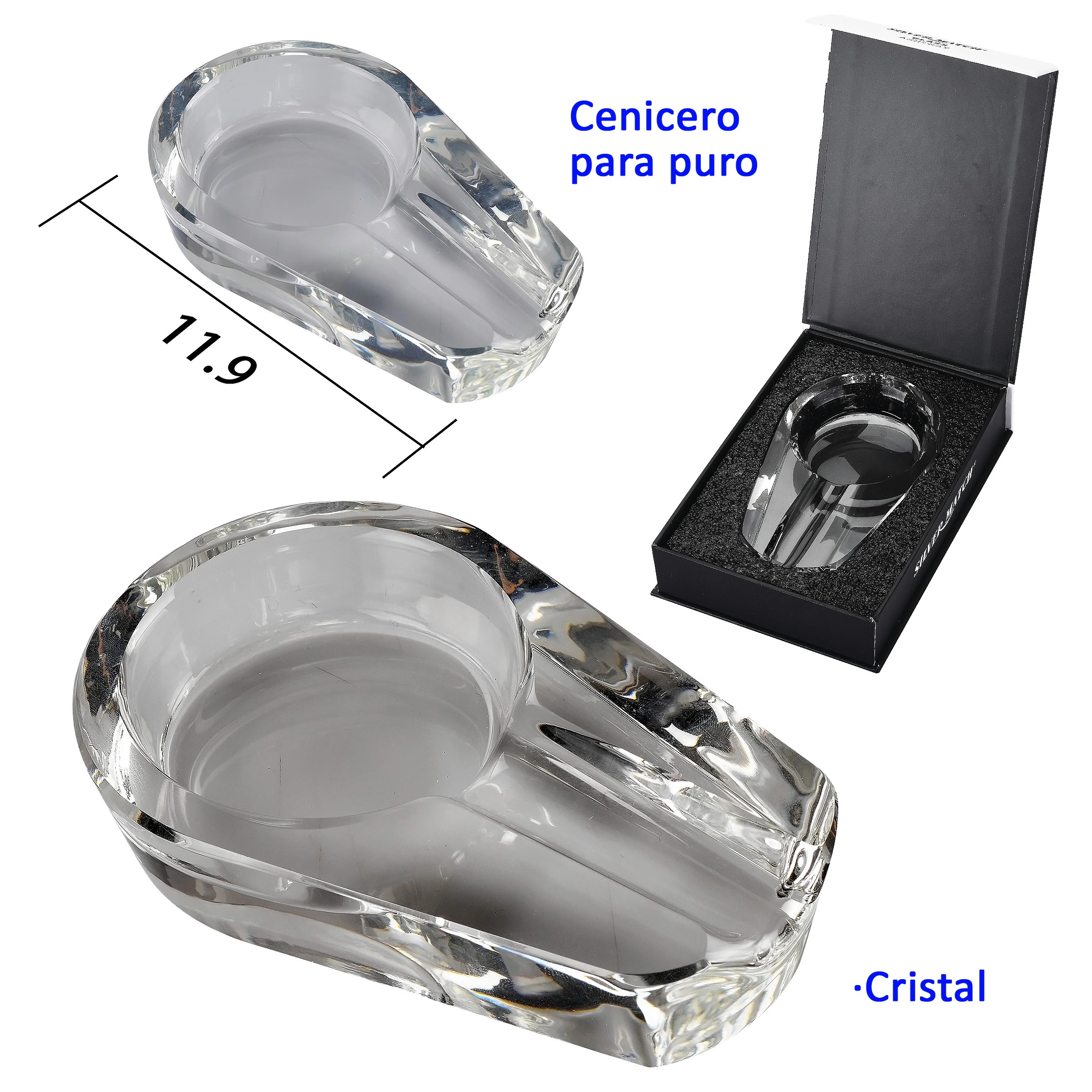 Cenicero de cristal transparente para puro, con depósito circular y apoyo alargado, mostrado desde varios ángulos y en una caja abierta.