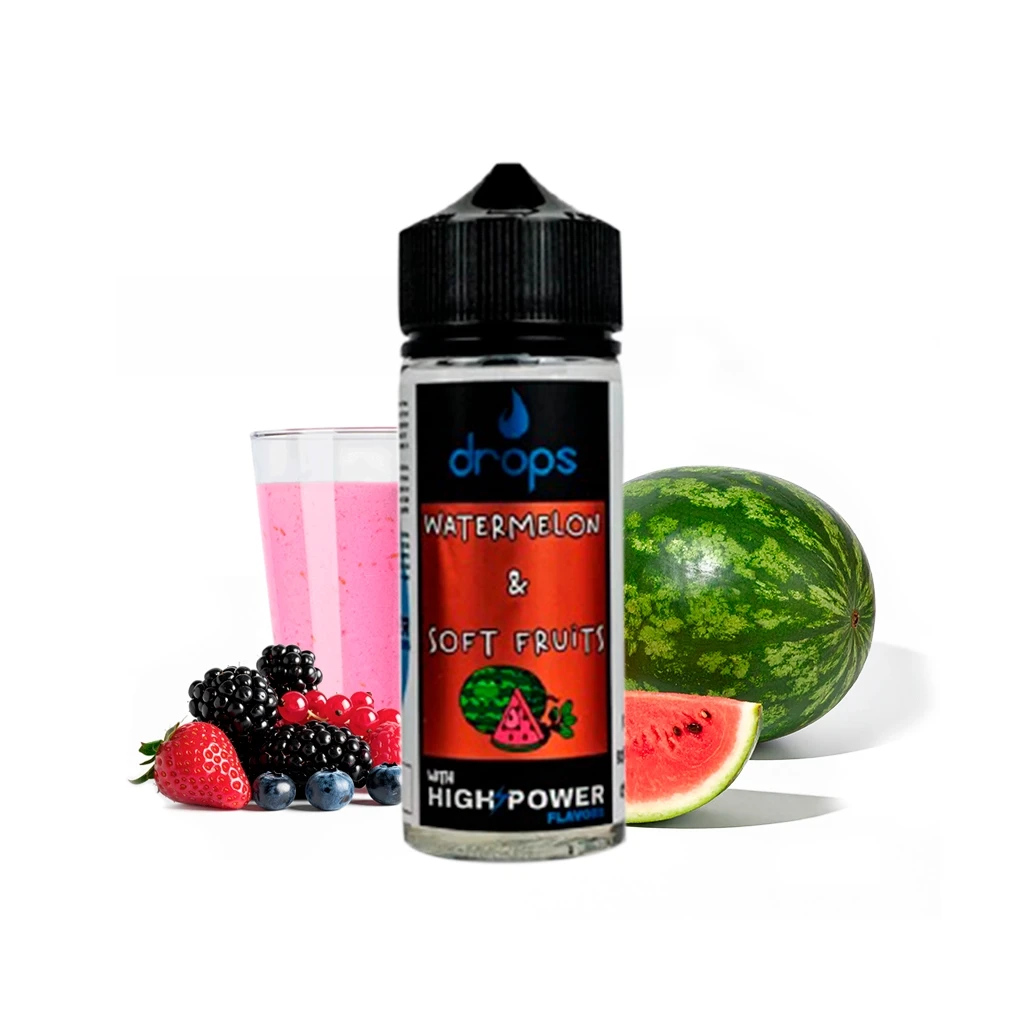 Frasco Drops Watermelon & Soft Fruits con tapón negro, junto a una sandía, una rodaja, frutos rojos y un vaso con bebida rosa.
