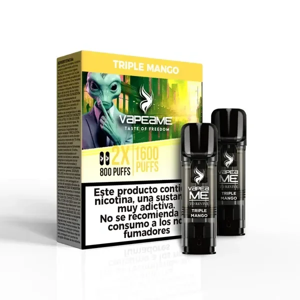 Pods negros To Revive Triple Mango junto a su caja amarilla, con una figura de extraterrestre y una advertencia sobre nicotina.