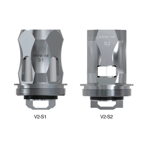 Comparación de resistencias Smok TFV Mini V2, modelos V2-S1 y V2-S2, con distintas aberturas laterales y base roscada.