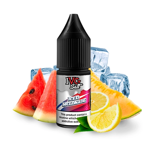Frasco IVG Salt Iced Melonade con tapón negro, rodeado de rodajas de sandía, melón y limón y cubitos de hielo sobre fondo blanco.